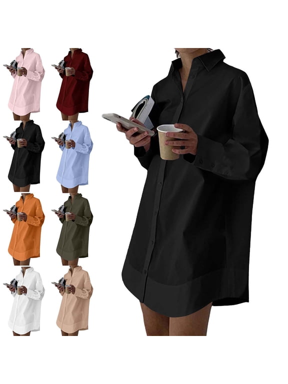 Womens Oversized Shirt Button Down Collared Long Sleeve Tunic Blouse Cotton Comfortable Flowy Top for Work-to-Weekend Wear Black Size XL