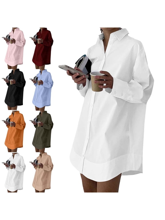 Womens Oversized Shirt Button Down Collared Long Sleeve Tunic Blouse Cotton Comfortable Flowy Top for Work-to-Weekend Wear White Size 2XL
