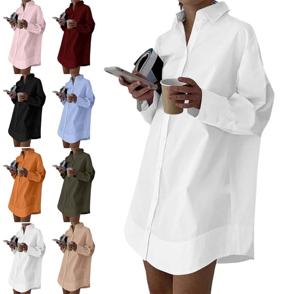 Afuyipoi Womens Oversized Shirt Button Down Collared Long Sleeve Tunic Blouse Cotton Comfortable Flowy Top for Work-to-Weekend Wear White Size L