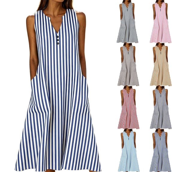 Afuyipoi Womens Sleeveless V-Neck Solid Color Maxi Dress With Pockets, Soft Breathable Loose Flowy Casual Long Dress, Lightweight Summer Beach Vacation Dress For Women Pink Size 2XL