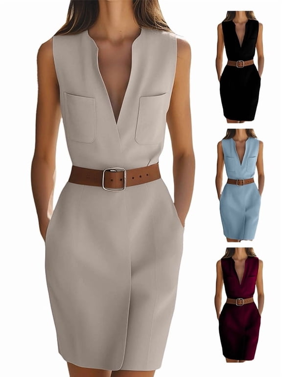Womens Sleeveless V-Neck Wrap Midi Dress With Belt And Pockets, Wrinkle-Resistant Breathable Business Casual Workwear Dress, Soft Flattering Office Summer Dress For Women Black Size S