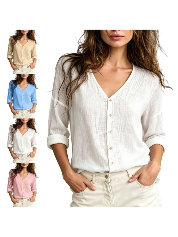 Womens V-Neck Long Sleeve 100% Cotton Shirt Lightweight Open-Front Layering Top for Spring Mornings & Layered Looks White Size S