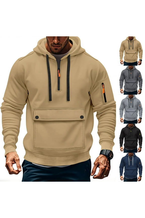 Workwear Jackets for Men,Long - sleeve Solid Multi - pocket Sports Training Hooded Khaki 2XL