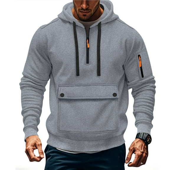 Afuyipoi Workwear Jackets for Men,Solid Multi - pocket Long - sleeve Sports Training Hooded Gray 2XL
