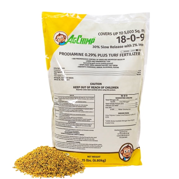 AgChimp 18-0-9 Pre-Emergent Herbicide & Precision Lawn Fertilizer, 15lbs - 0.29% Prodiamine, 2% Iron, and 30% Slow-Release Nitrogen - Controlled Feeding for Long-Lasting Growth - Covers 5,000 sq ft