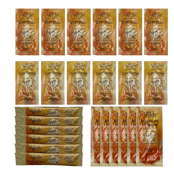 Agadir Argan Oil Hair Care Travel Set  6 Packs: Daily Moisturizing Shampoo, Conditioner, Moisture Masque, and Hair Treatment