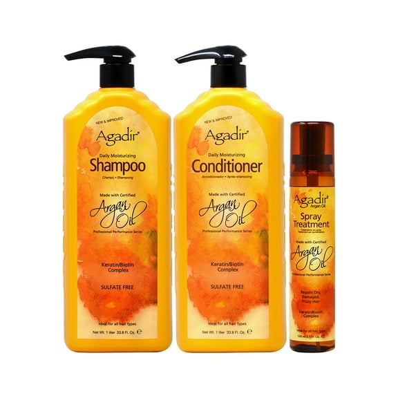 Agadir Daily Moisturizing Shampoo 33.8oz + Conditioner 33.8oz + Spray Treatment 5.1oz