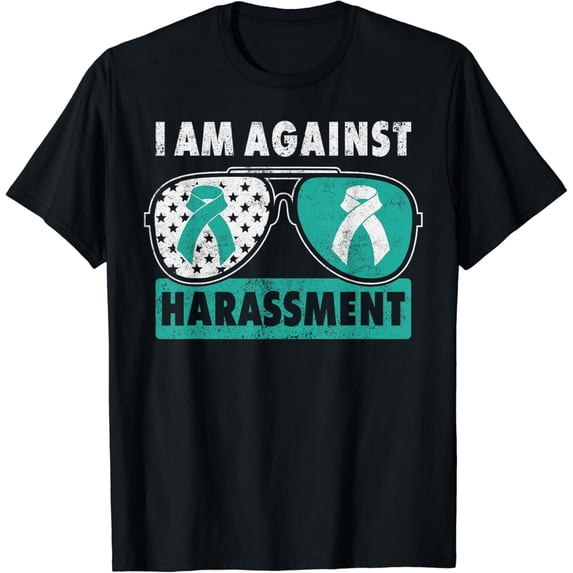 Against harassment, teal ribbon, sunglasses T-Shirt mens t shirt,black,women,funny,misfits,men,journey