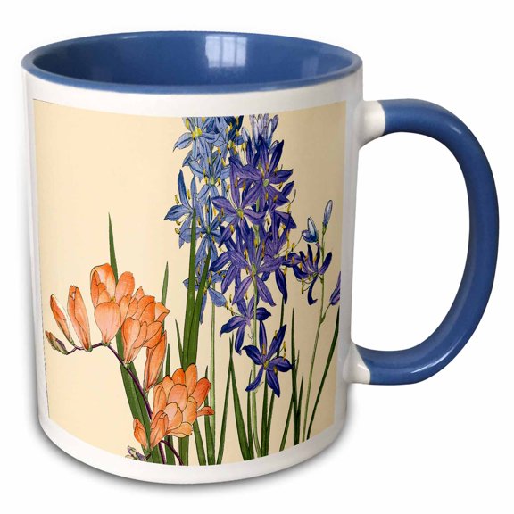 3drose, Agapanthus and Freesia Pretty Spring Flowers in Peach and Lavender, 11oz Two-tone Blue Mug