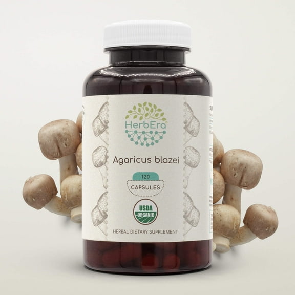 HerbEra Agaricus Blazei Capsules, Organic Herbal Dietary Supplement for Immune and Vitality Support, Certified Organic Agaricus (Agaricus blazei murill) Dried Mushroom Capsules, Natural, 120 Capsules