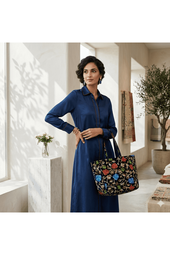 Women's Cotton Embroidered Floral Tote Handbag, Black
