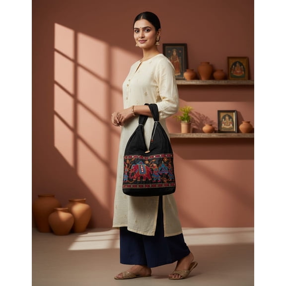 Agarshail Women's Cotton Embroidered Elephant Tote Jhola Bag, Navy Blue