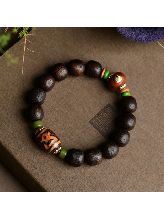 Agarwood Apple Bead Bracelet 12mm with God of Wealth Dzi Bead Buddhist Amulet Jewelry Spiritual Handmade Gift for Men Women