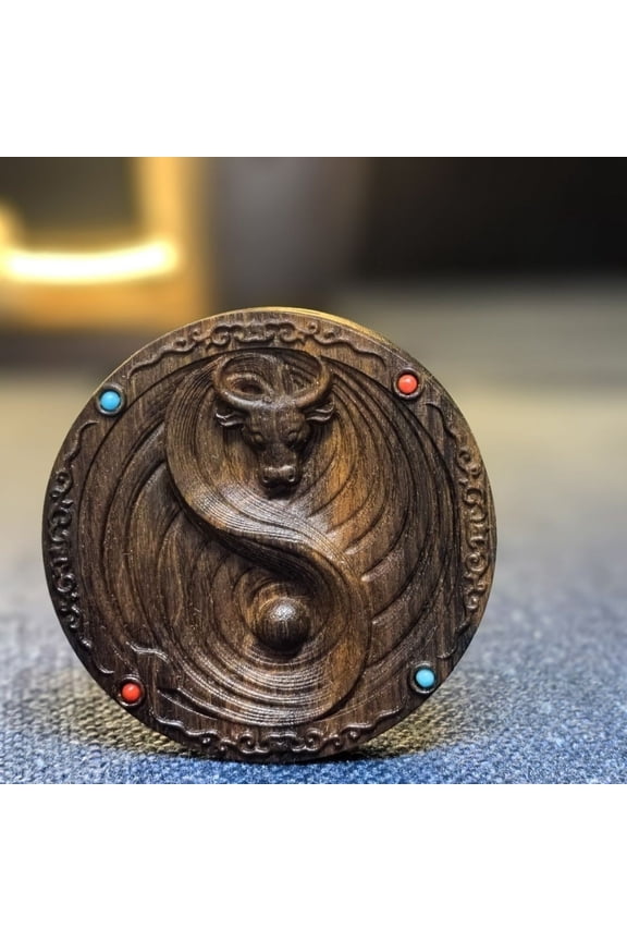 Agarwood Ox Bagua Pendant Hand Carved Wood Amulet Pocket Talisman Unisex Spiritual Charm for Men and Women