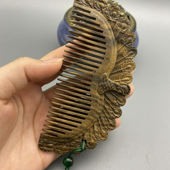 Agarwood Wooden Comb Handcrafted Hair Care Tool Peacock Carving Vintage Natural Material