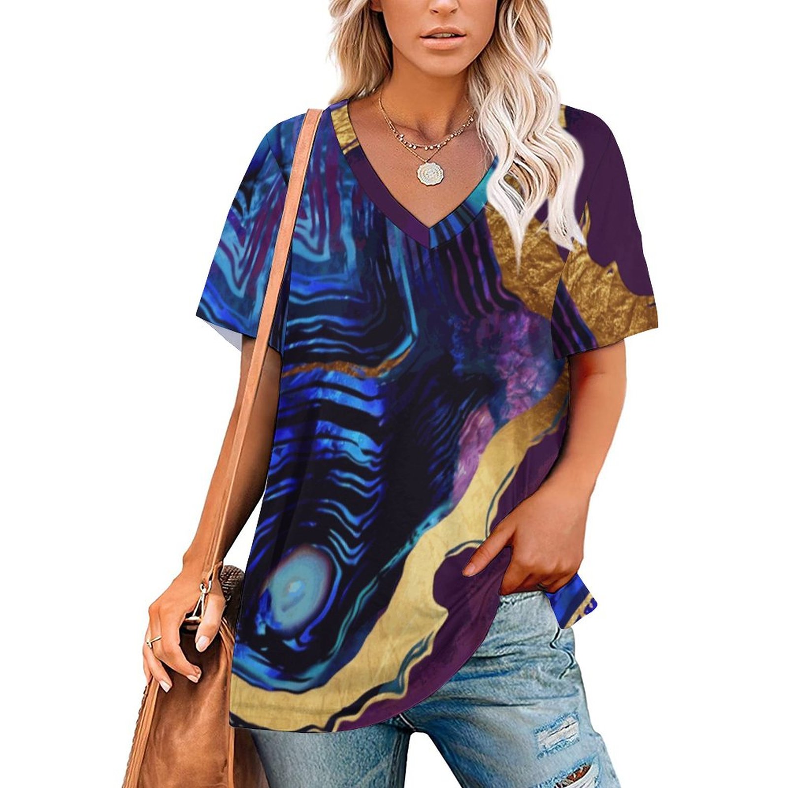 Agate Abstract Women Zipper Sexy Printed Vintage T Shirts Tops Full ...
