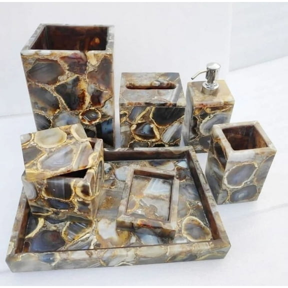 Agate Bathroom Accessories Set Soap Dispenser, Vanity Tray, Tissue Box Holder, Toothbrush Holder & Soap Dish for Ultra Chic Decor