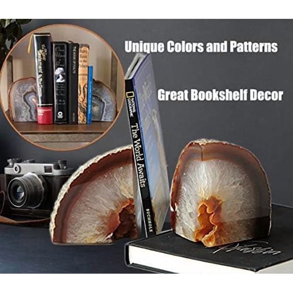 Agate Bookends for Shelf Decorative Geode Book Ends for Heavy Books Crystal Bookends for Shelves Nature Brown Small(1 Pair, 2-3 LBS)