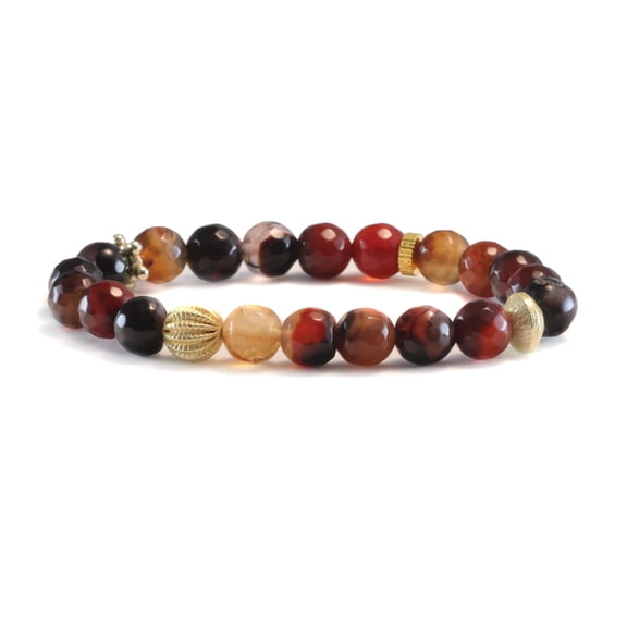 Agate Bracelet Golden Orange Red Faceted Round 8mm Stones Gold-tone Beaded Accents Womens Adjustable Stretch 7 8 Inch