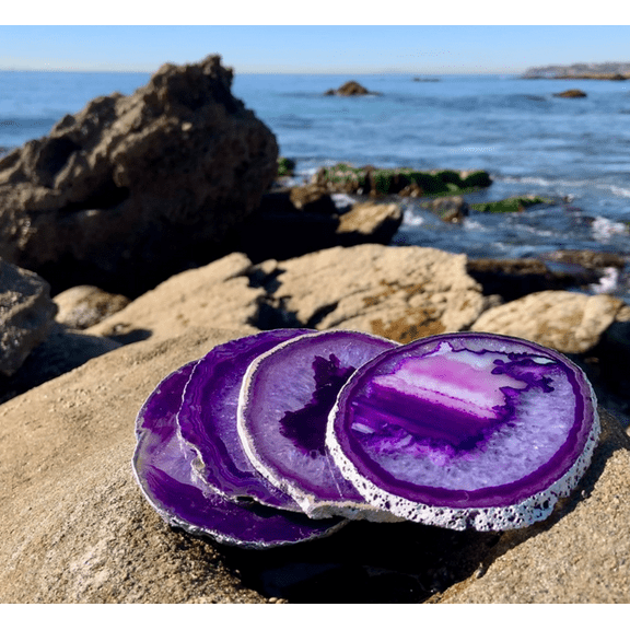 Agate Coasters Set of 4 - Purple Colored Agate Coasters - Silver Rim - Bumpers