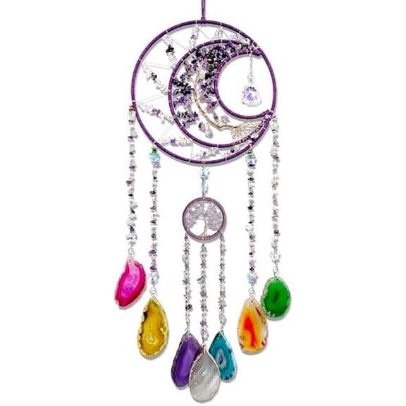 Agate Gem Large Dream Catchers, 7 Chakra Tree of Life Dream Catchers Wall Decor, Natural Agate Slice Crystal Wind Chime for Home Garden Suncatchers Decor, Adults Boys Girls Bless Gifts (Purple Moon)
