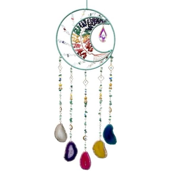 Agate Gemstone Large Dream Catchers, 7 Chakra Tree of Life Dream Catchers Wall Decor, Natural Agate Slice Wind Chime for Home Garden Suncatchers Decor, Adults Boys Girls Bless Gifts (Rainbow Moon)