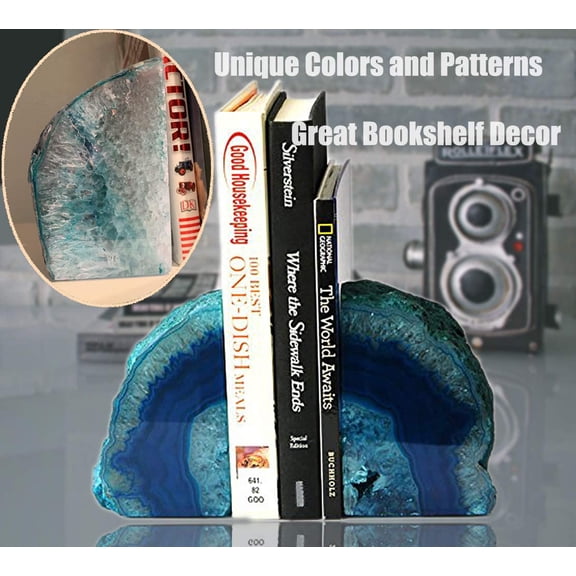 Agate Geode Bookends Heavy Duty Stone Book Ends Decorative Bookend Holder Home Office Decor with Rubber Bumpers Teal 1 Pair, 2-3 LBS