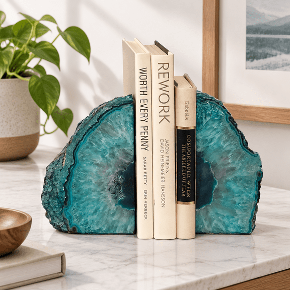Agate Geode Bookends Heavy Duty Teal Crystal Stone Book Holders Decorative