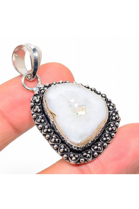 Agate Geode Slice Gemstone Handmade 925 Sterling Silver Jewelry Pendant 1.89"
