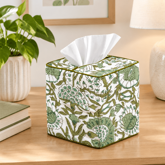 Agate Green Block Print Square Fabric Facial Tissue Box Cover