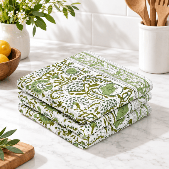 Agate Green Hand Block Print Waffle Kitchen Towel Set of 3, 16 x 28 Inch Ultra Absorbent Cotton