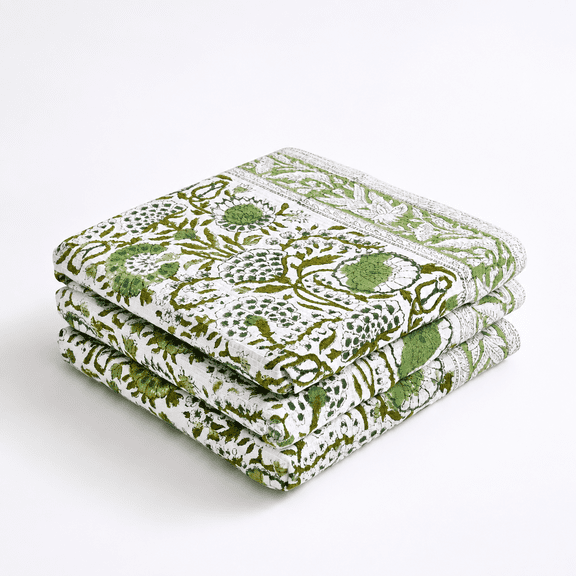 Agate Green Hand Block Print Waffle Kitchen Towel Set of 3, 16 x 28 Inch Ultra Absorbent Cotton