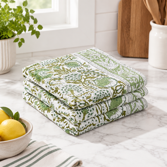 Agate Green Hand Block Print Waffle Kitchen Towel Set of 3, 16 x 28 Inch Ultra Absorbent Quick Dry