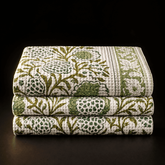 Agate Green Hand Block Print Waffle Kitchen Towels, Set of 3