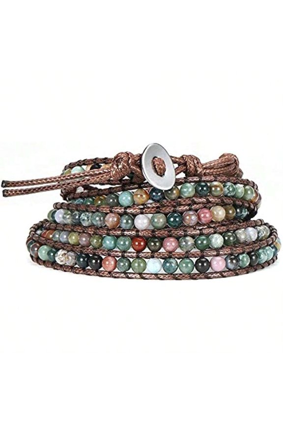 Agate Green Multi-Strand Wrap Leather Bracelet With Natural Agate Beads