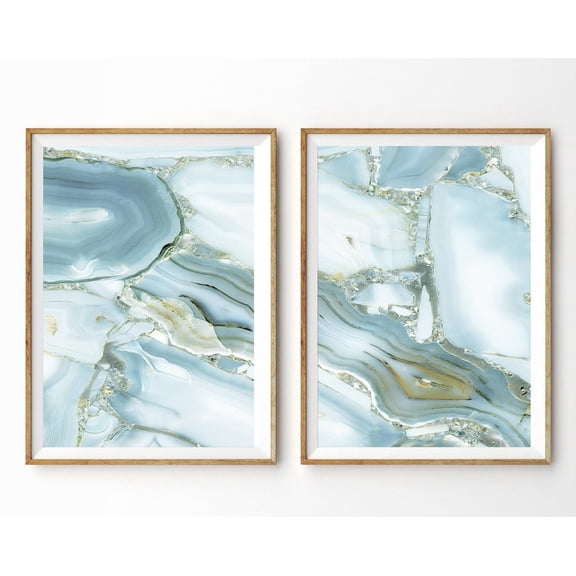 Agate Prints Marble Aqua Gold Art Office Decor Agate Aqua Abstract Art Modern Wall Decor Prints Set 2