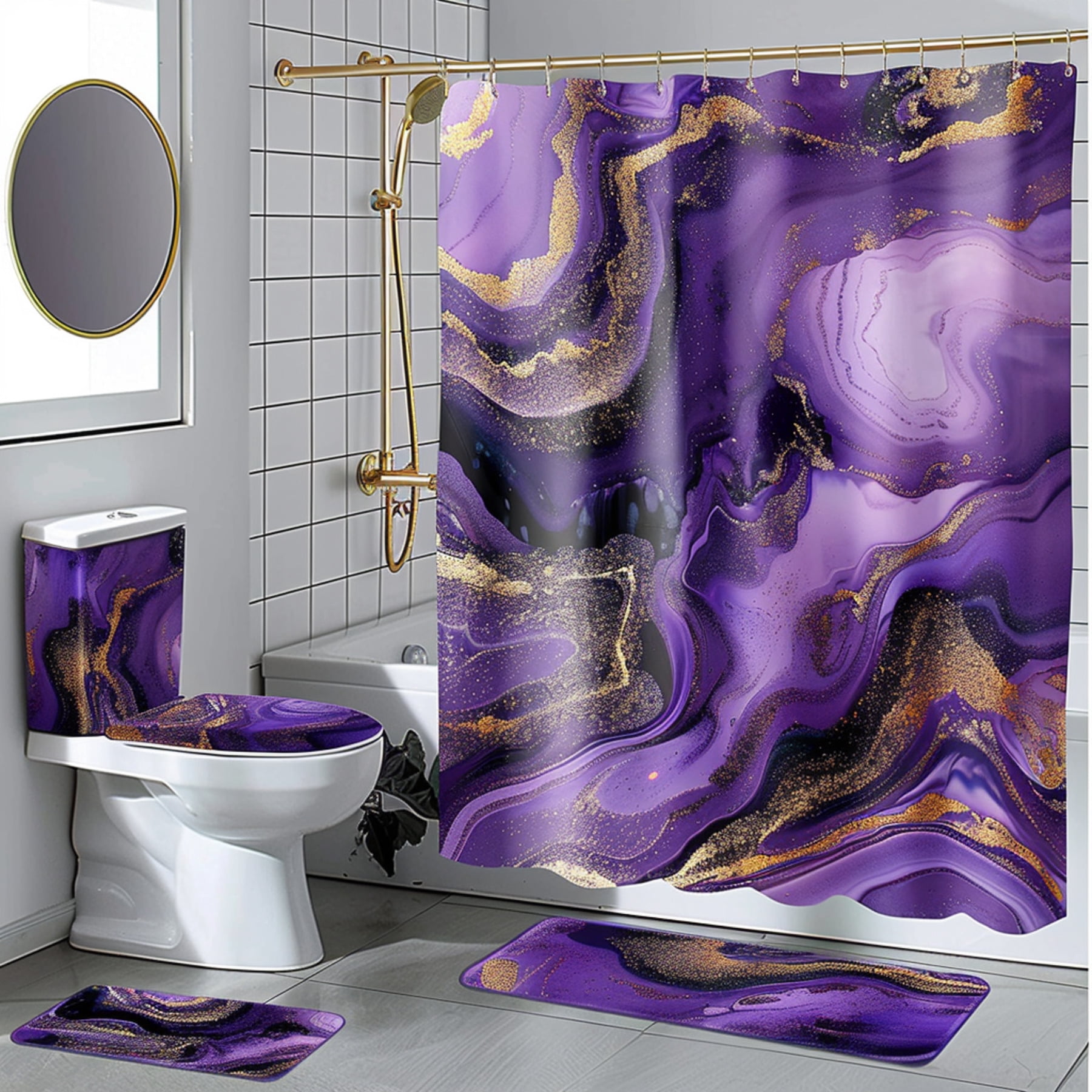 Agate Rock Inspired Purple and Gold Marble Print Bathroom Set with ...