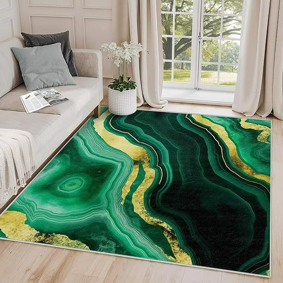 Agate Rug, Marble Emerald Green Gold Area Rug, Abstract Luxury Modern Carpet, Washable & Non Slip & Soft Large Rugs, Agate Home Decor Gifts 4' x 5'