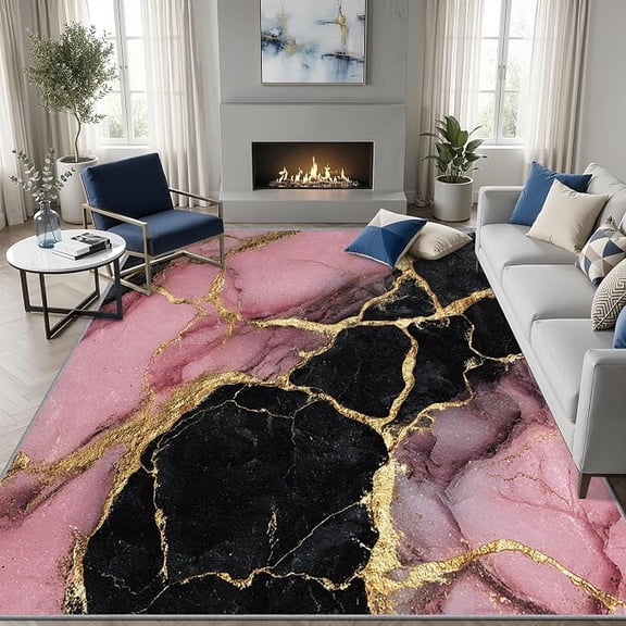 Agate Rugs for Living Room, Pink Black and Gold Area Rug, Modern Abstract Washable Rugs for Living Room Bedroom, Luxury Agate Carpet - Home Decor, Marble Gifts for Women 4 x 5ft