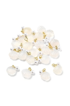 Agate Shell Shaped Pendants with Golden Tone Brass Loops and Plastic Imitation Pearl 16~17x14~15x6~8mm Hole: 3.5mm