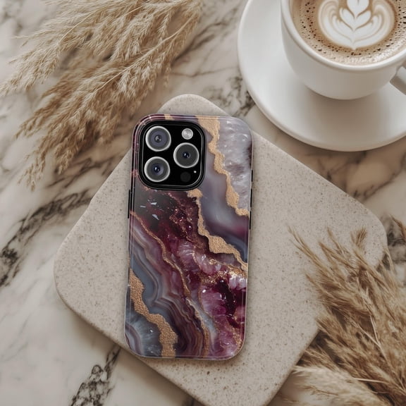 Agate Slice Tough Phone Case, Burgundy & Golden PRINTED Case, Abstract Geode Protective Covers for iPhone, Pixel and Galaxy