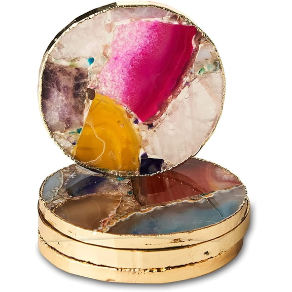 Agate Square Coasters Set of 4, Rainbow Crystal Coasters with Gold Edge for Home Decor
