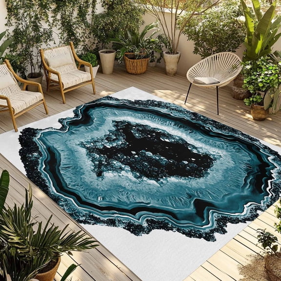 Agate Texture Outdoor Rug, Vintage Blue Gradient Crystal Non-Slip Area Rugs Carpet Breathable Large Floor Mat for Outdoors Patio Porch Deck Beach 6’ x 9’