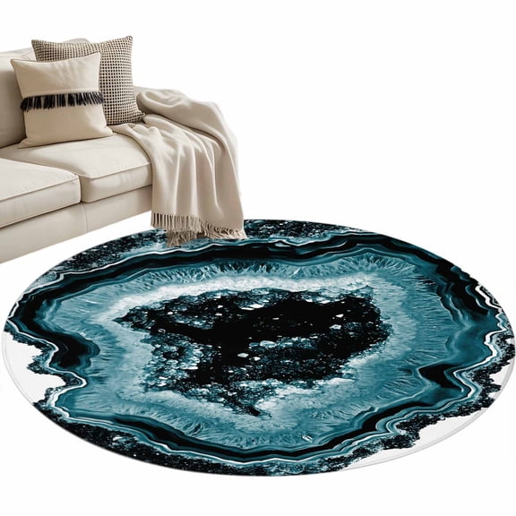 Agate Texture Round Area&nbsp;Rug 3ft Vintage Blue Gradient Crystal Non-Slip&nbsp;Washable Circle Rugs Soft Felt Indoor Floor Mat for Bedroom Kitchen Living Room Bathroom