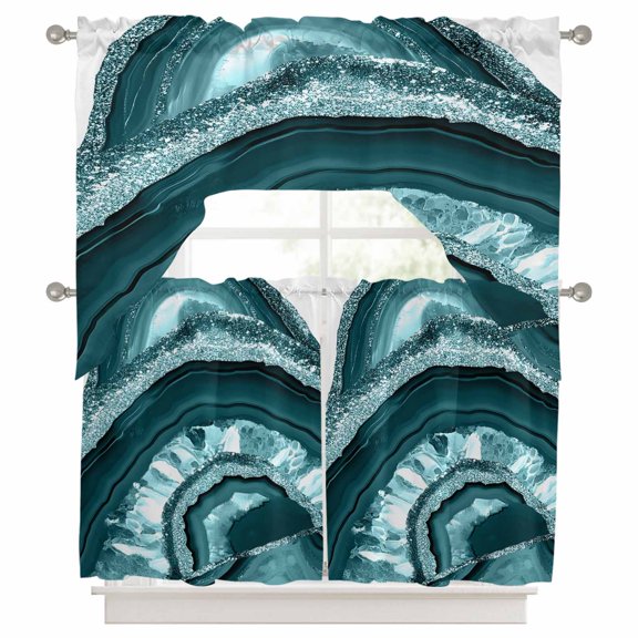 Agate Texture Swag Valance and Tier Set of 3, Vintage Green Gradient Crystal Swag Curtains Valances for Small Window Treatment Rod Pocket for Kitchen Bathroom 56x36in+27.5x36*2