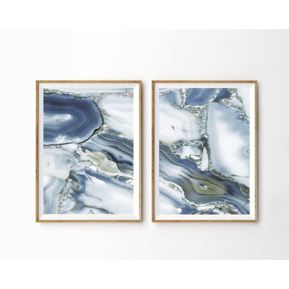 Agate Wall Art Print Set Blue Gold Marble Abstract Modern Office Decor Set 2 Stretched Canvas 8x12