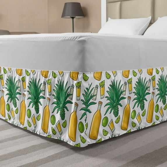 Agave Bed Skirt, Rhythmic Cacti Plant Lime Slice Full Shot of Tequila Bottle Pattern, Elastic Bedskirt Dust Ruffle Wrap Around for Bedding Decor, 4 Sizes, White Mustard, by Ambesonne