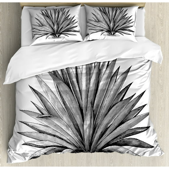 Agave Duvet Cover Set, Vintage Engraving Cactus Sketch Detailed Work of Art Tropical Plant Print, Decorative 3 Piece Bedding Set with 2 Pillow Shams, Queen Size, White Charcoal Grey, by Ambesonne