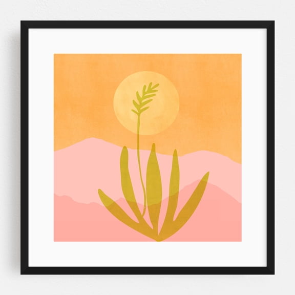 Agave In Moonlight - Painting Abstract Minimalist Boho Nature Desert Pastel Botanical Black Framed Wall Art Print 12 x 12 inches