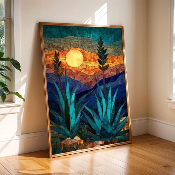 Agave Stained Glass Mexican Wall Art Desert Sunset Print Southwestern Home Decor Boho Mexico Art Unframed Paper Poster 8x10in